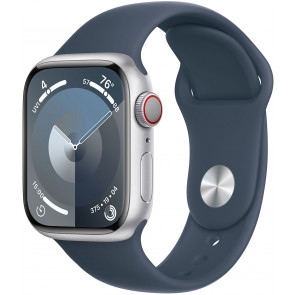 DEMO: Apple Watch S9 GPS+Cell, 41mm Alu Silber, Sportarmband Sturmblau S/M